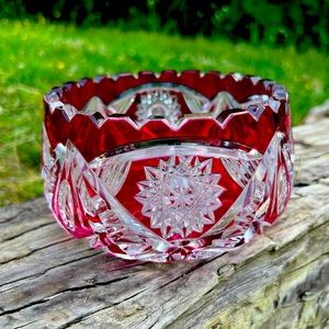 Red crystal cut glass vintage candy dish